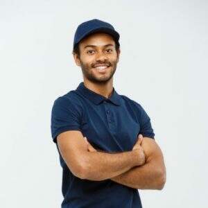 delivery concept handsome african american delivery man crossed arms isolated grey studio background copy space