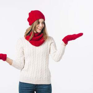 woman sweater holding hands apart